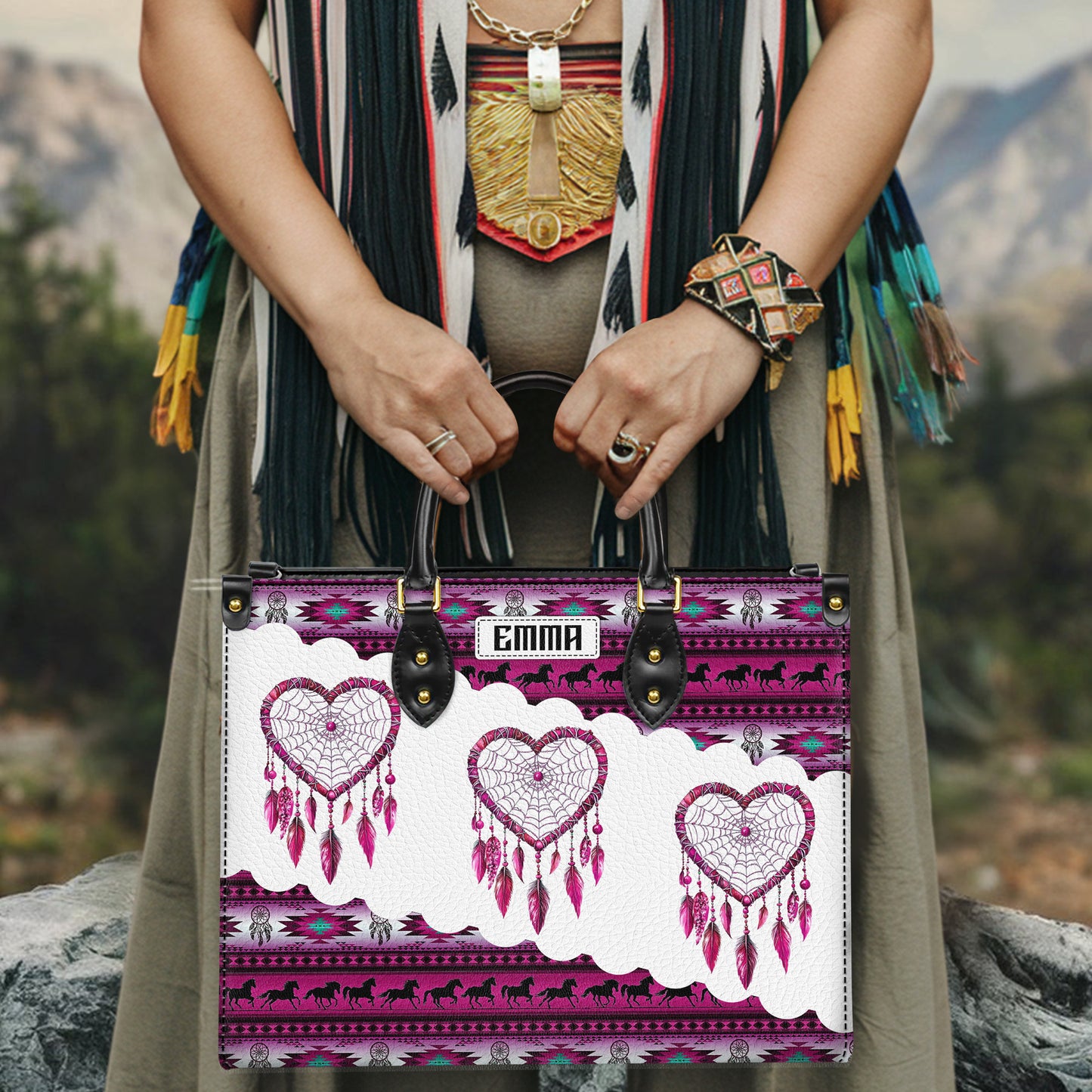 Personalized Leather Handbag for Women - Design Patterns Boho Pink & White Dreamcatcher