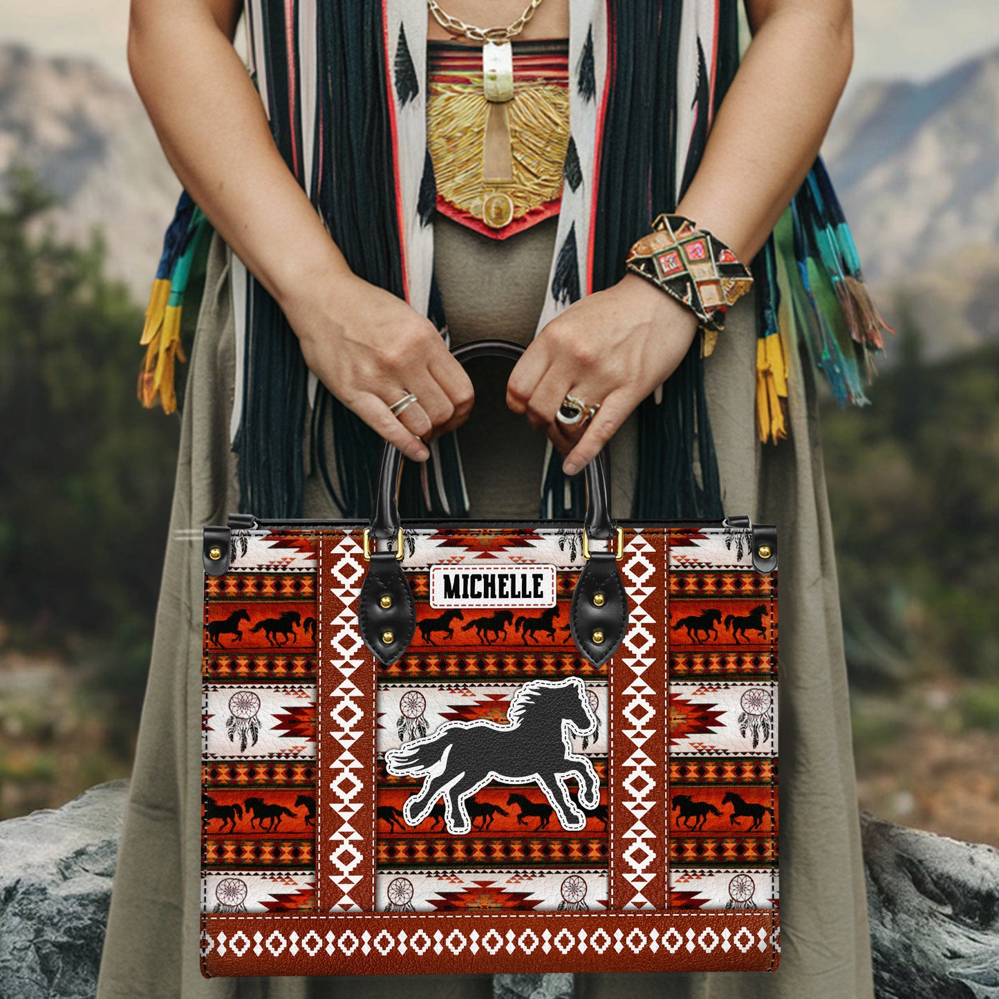 Personalized Leather Handbag for Women - Design Patterns Boho Rustic Orange & White Spirit Horse