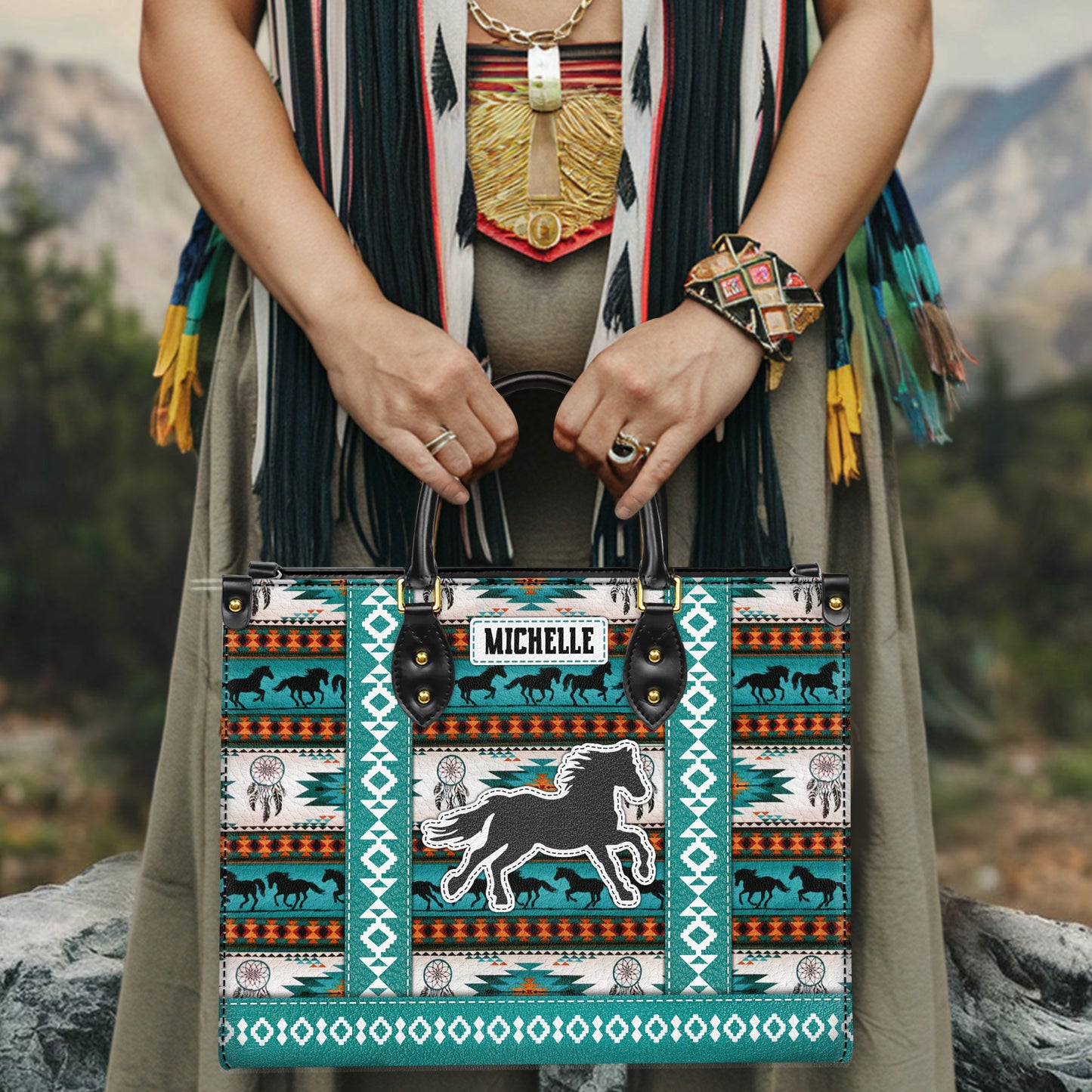 Personalized Leather Handbag for Women - Design Patterns Boho Wild Mustang