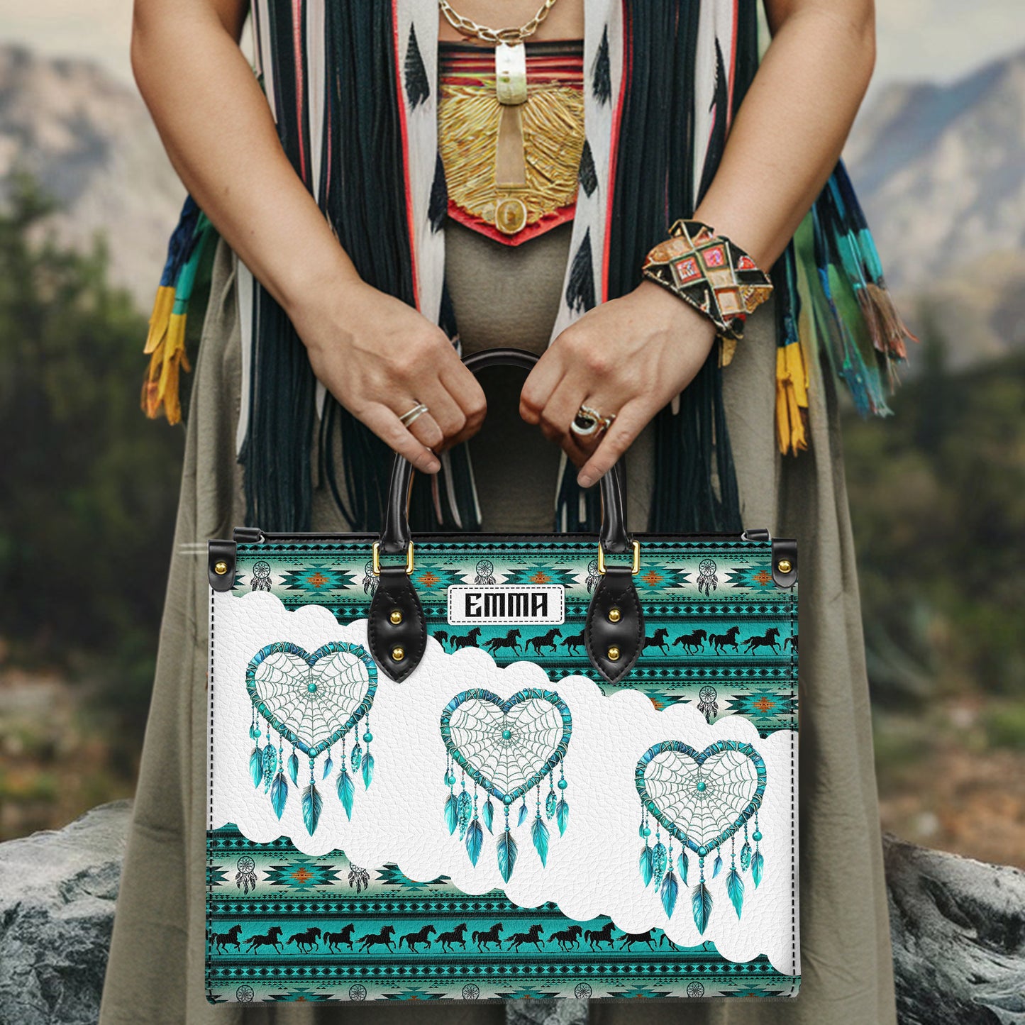 Personalized Leather Handbag for Women - Design Patterns Boho Teal & White Dreamcatcher