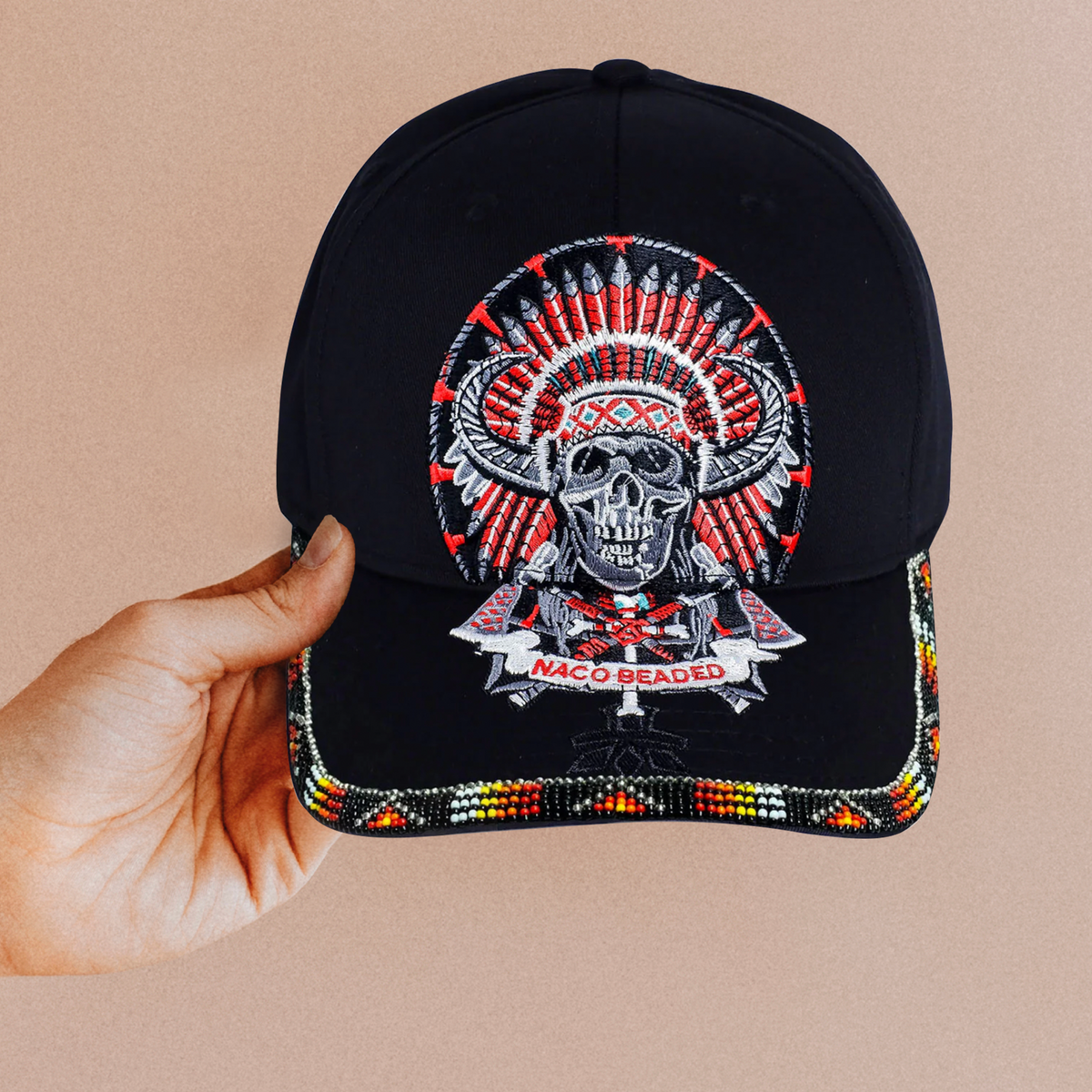 Skull Headdress Embroidered Beaded Baseball Cap With Brim Unisex Native American Style