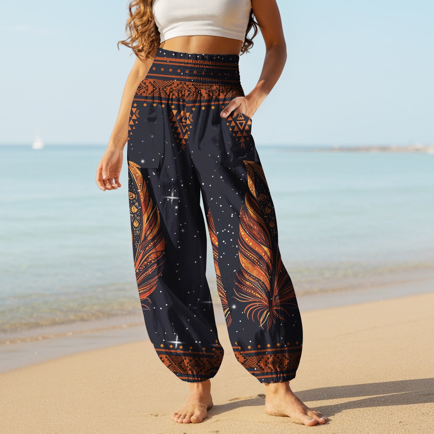 Feather Print Harem Pants - Yoga Boho Clothes with Pockets
