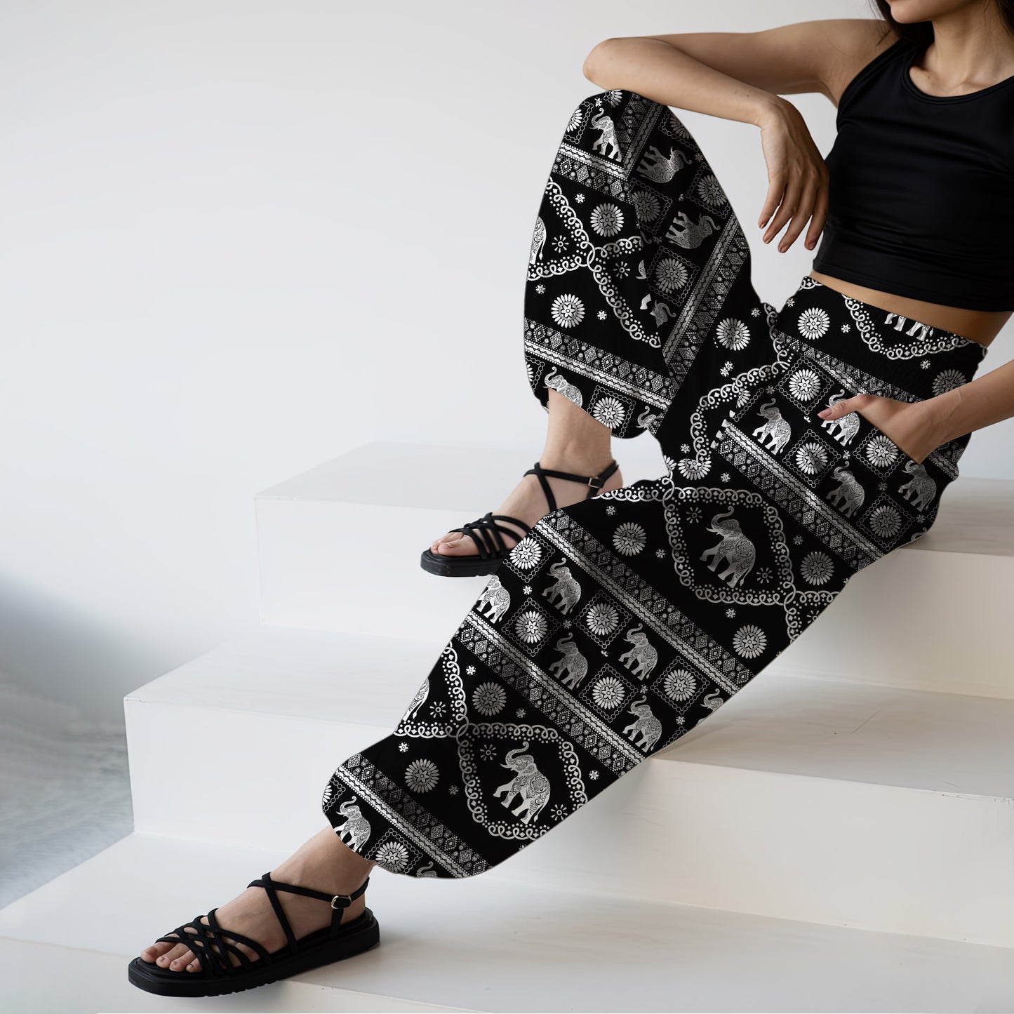 Boho Elephant Print Harem Pants – Boho Yoga Pants with Pockets 04
