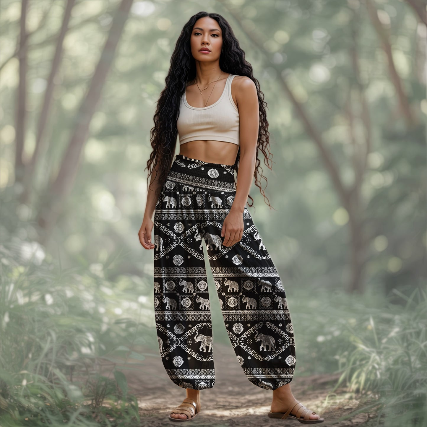 Boho Elephant Print Harem Pants – Boho Yoga Pants with Pockets 04