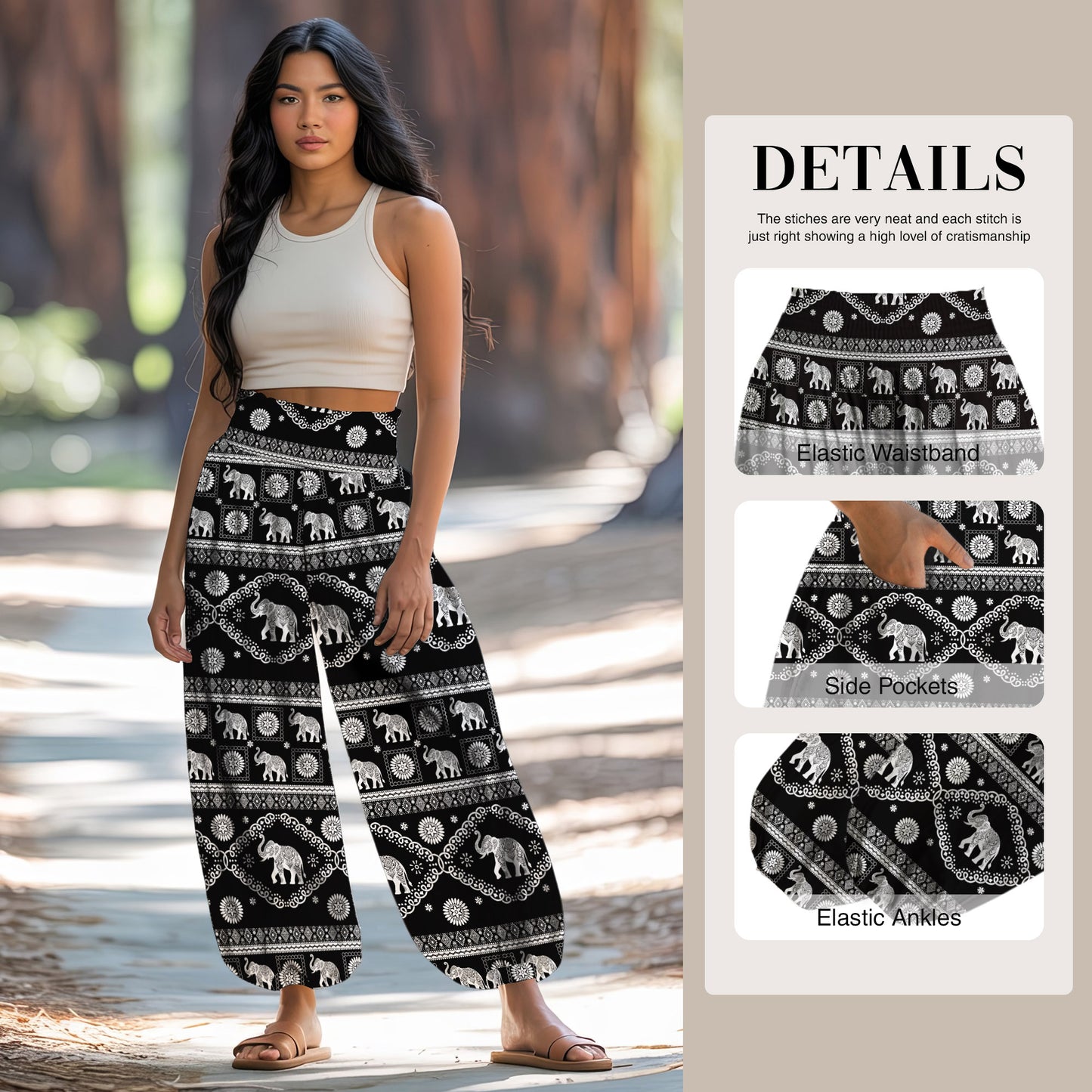 Boho Elephant Print Harem Pants – Boho Yoga Pants with Pockets 04