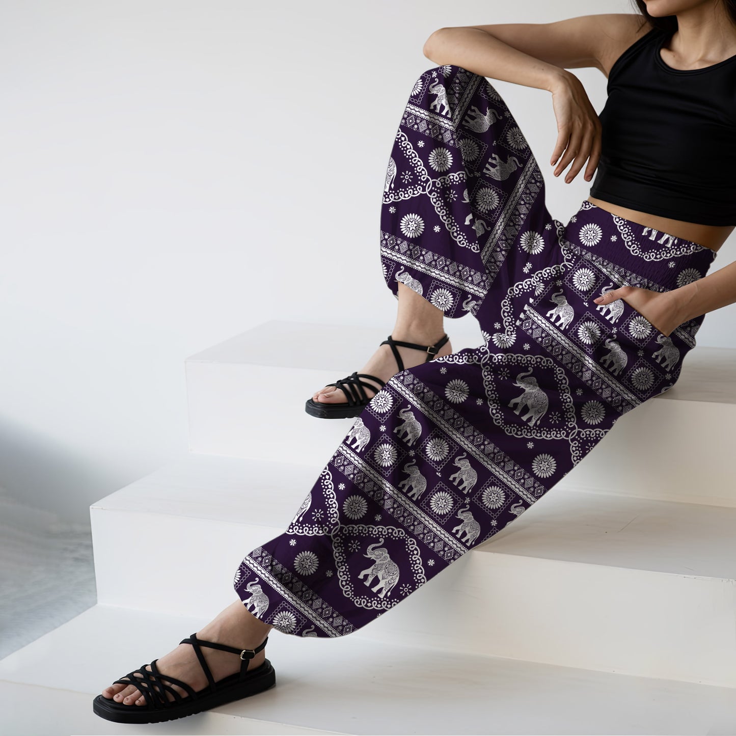 Boho Elephant Print Harem Pants – Boho Yoga Pants with Pockets 04