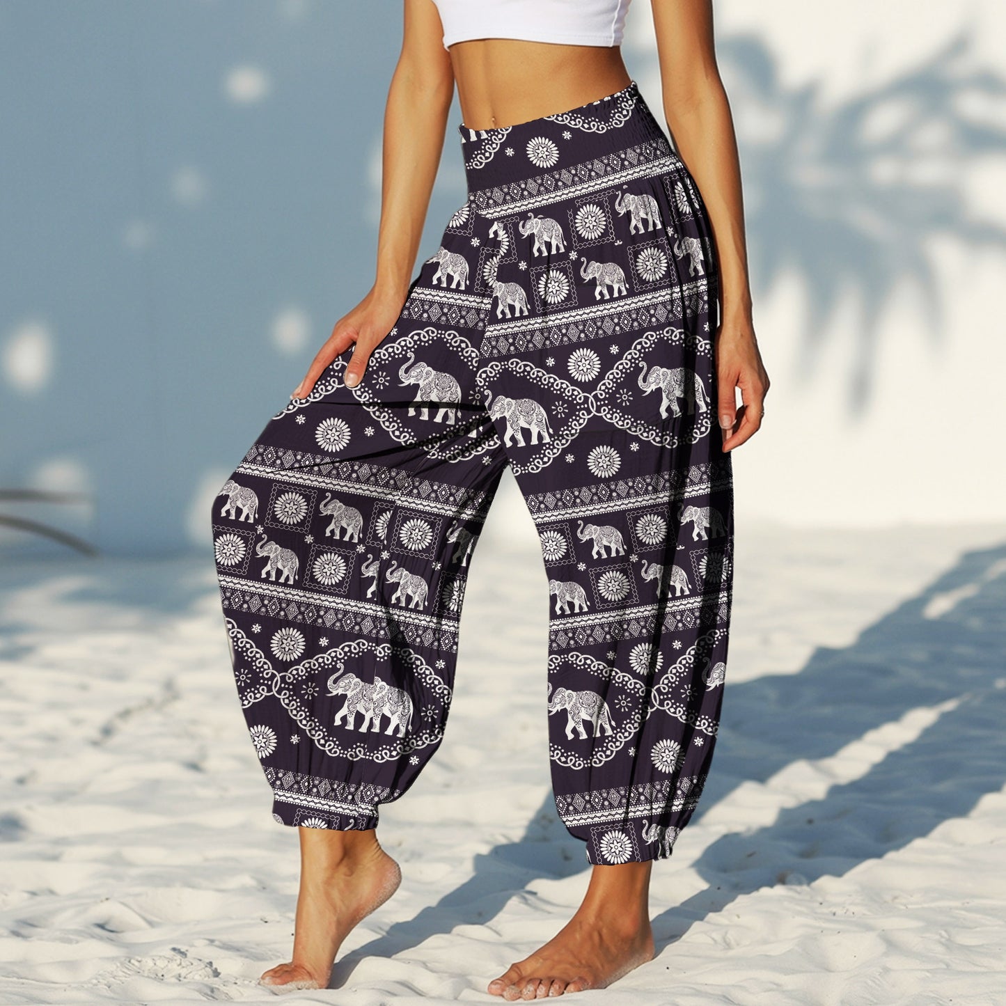 Boho Elephant Print Harem Pants – Boho Yoga Pants with Pockets 04