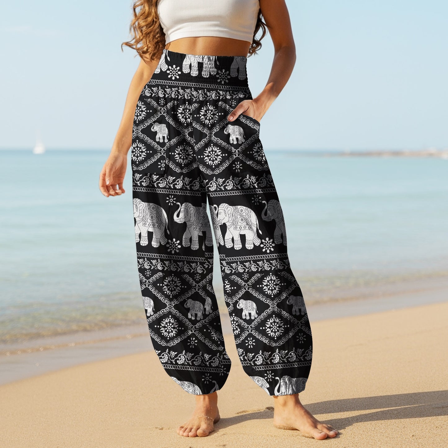 Black Elephant Print Harem Pants – Boho Yoga Pants with Pockets 05