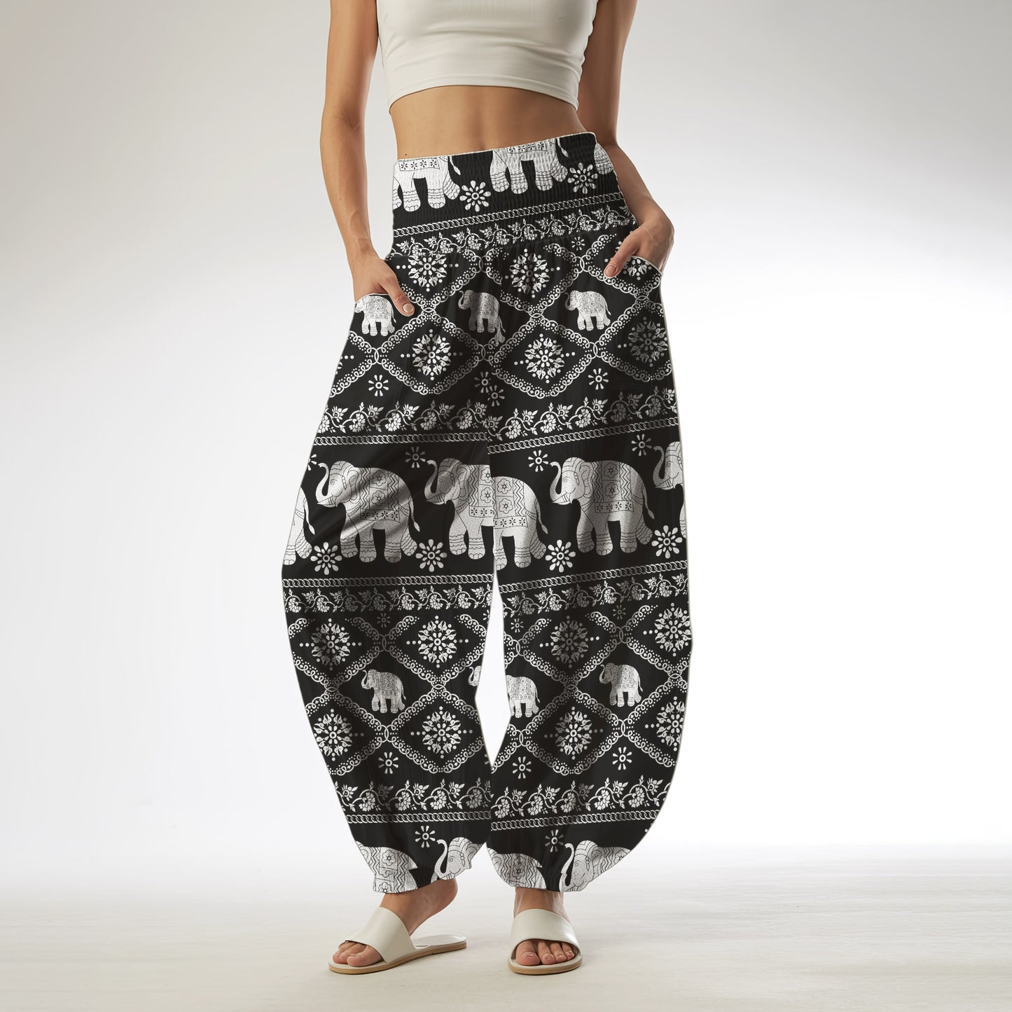 Black Elephant Print Harem Pants – Boho Yoga Pants with Pockets 05