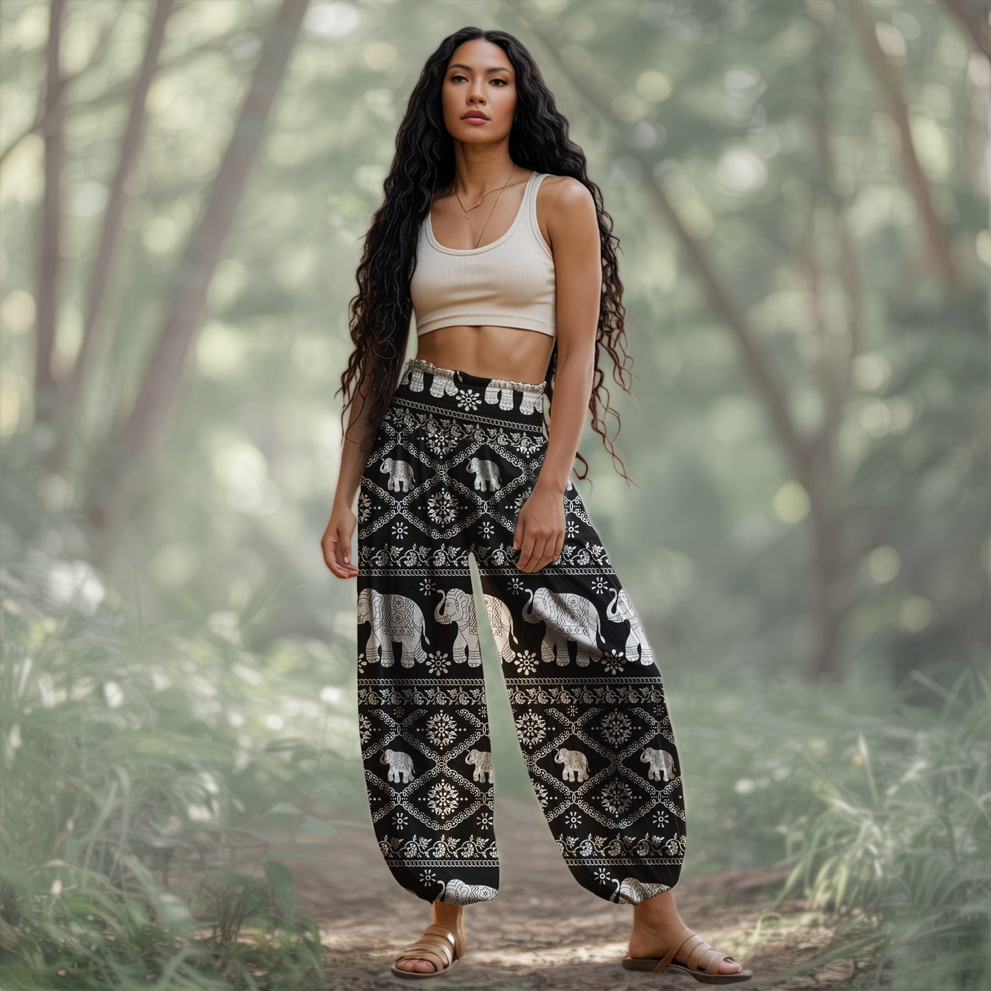 Black Elephant Print Harem Pants – Boho Yoga Pants with Pockets 05