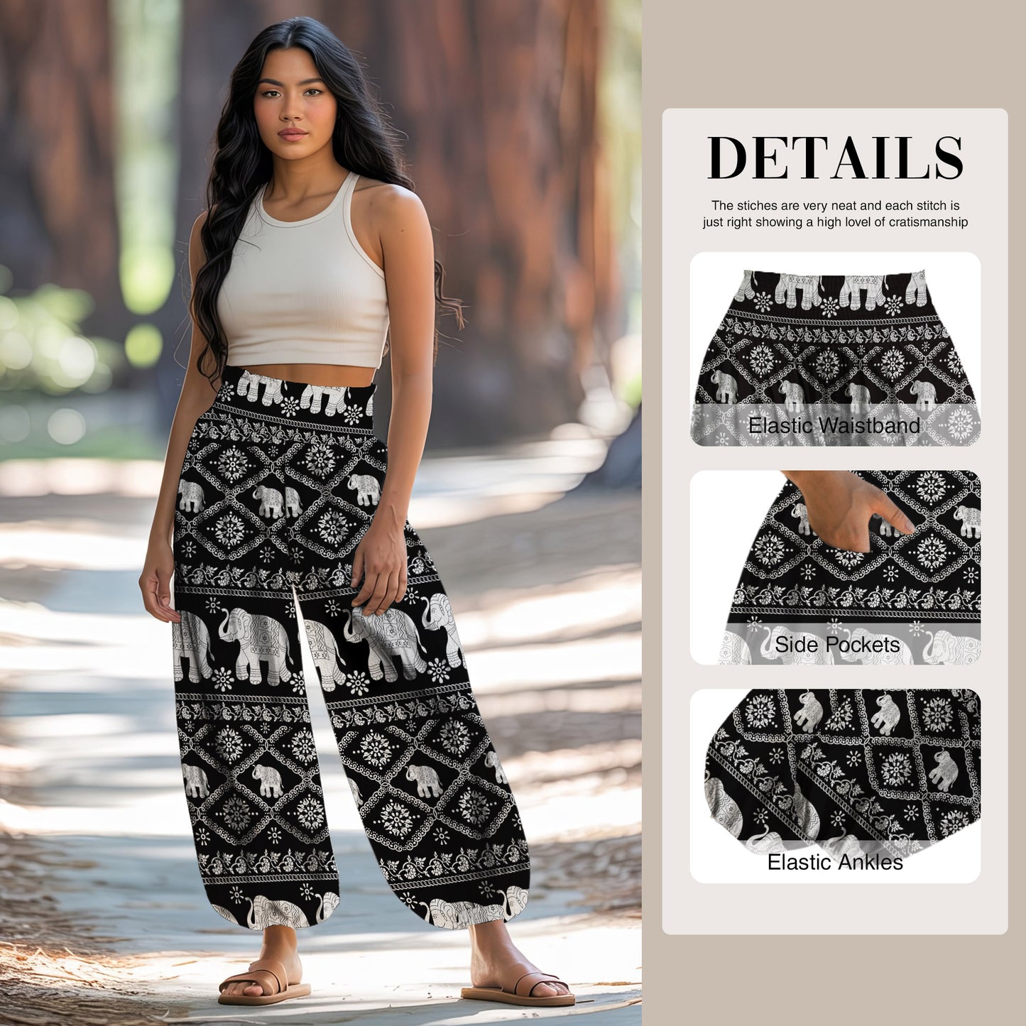Black Elephant Print Harem Pants – Boho Yoga Pants with Pockets 05