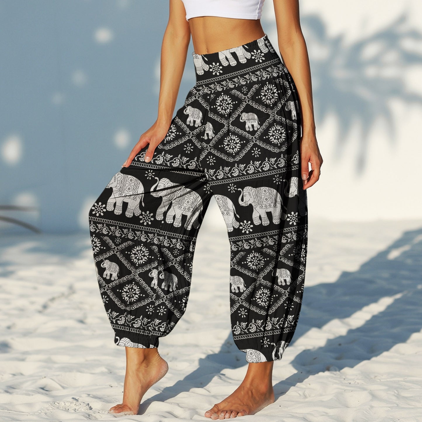 Black Elephant Print Harem Pants – Boho Yoga Pants with Pockets 05