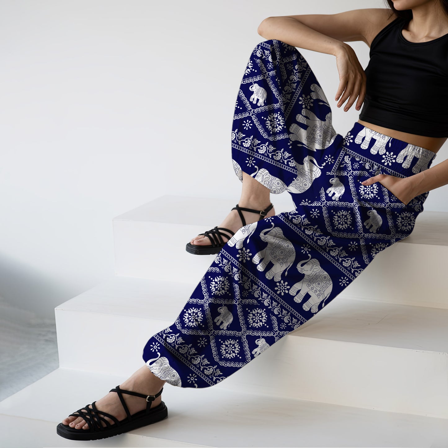 Black Elephant Print Harem Pants – Boho Yoga Pants with Pockets 05