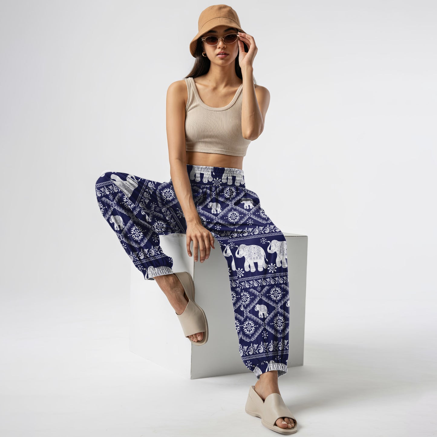 Black Elephant Print Harem Pants – Boho Yoga Pants with Pockets 05