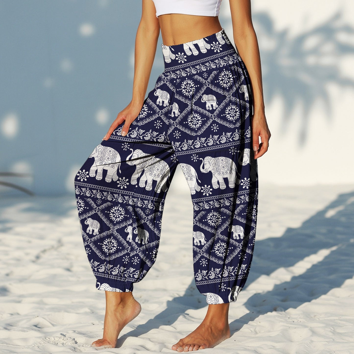 Black Elephant Print Harem Pants – Boho Yoga Pants with Pockets 05