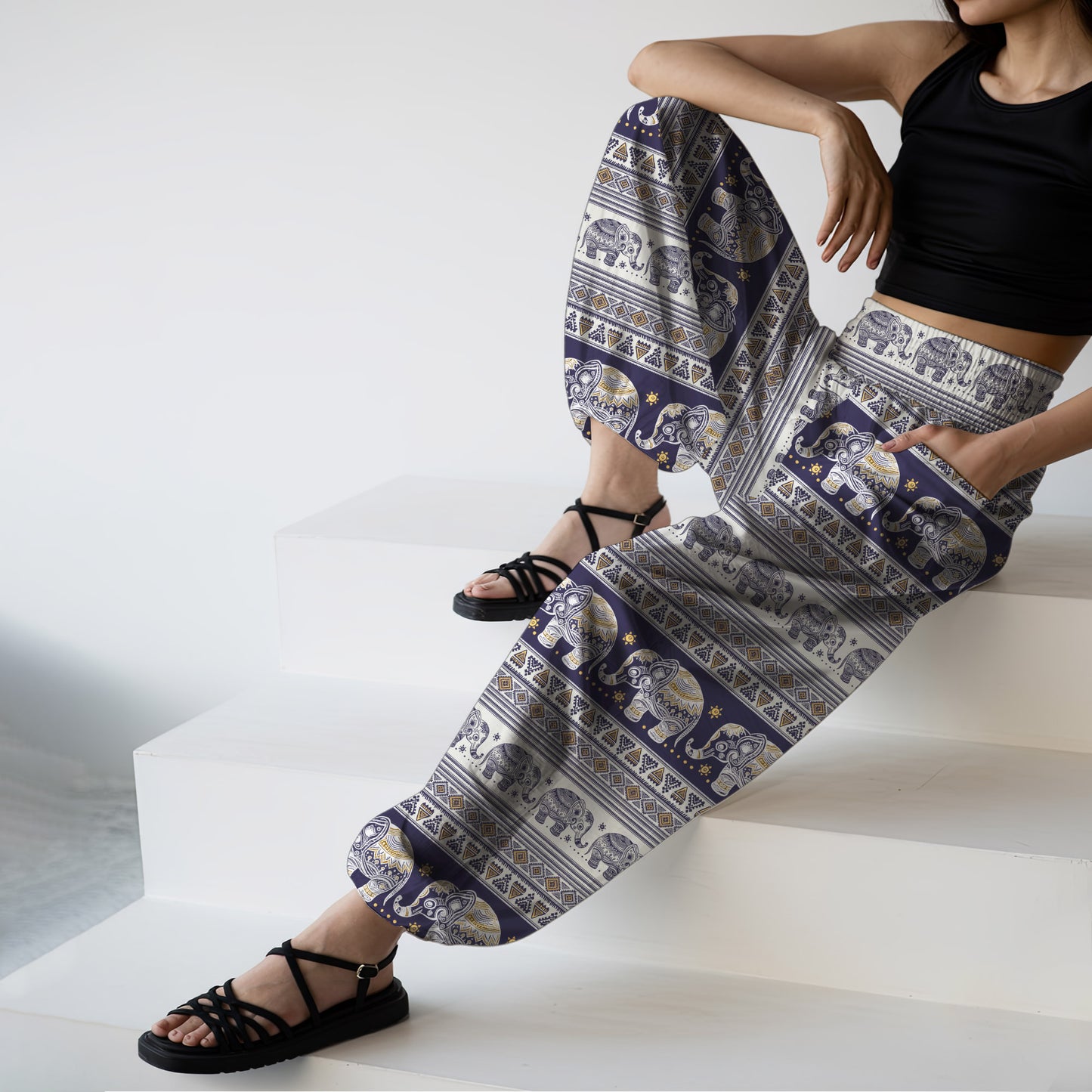 Elephant Vibe Harem Pants – Boho Yoga Pants with Pockets 01