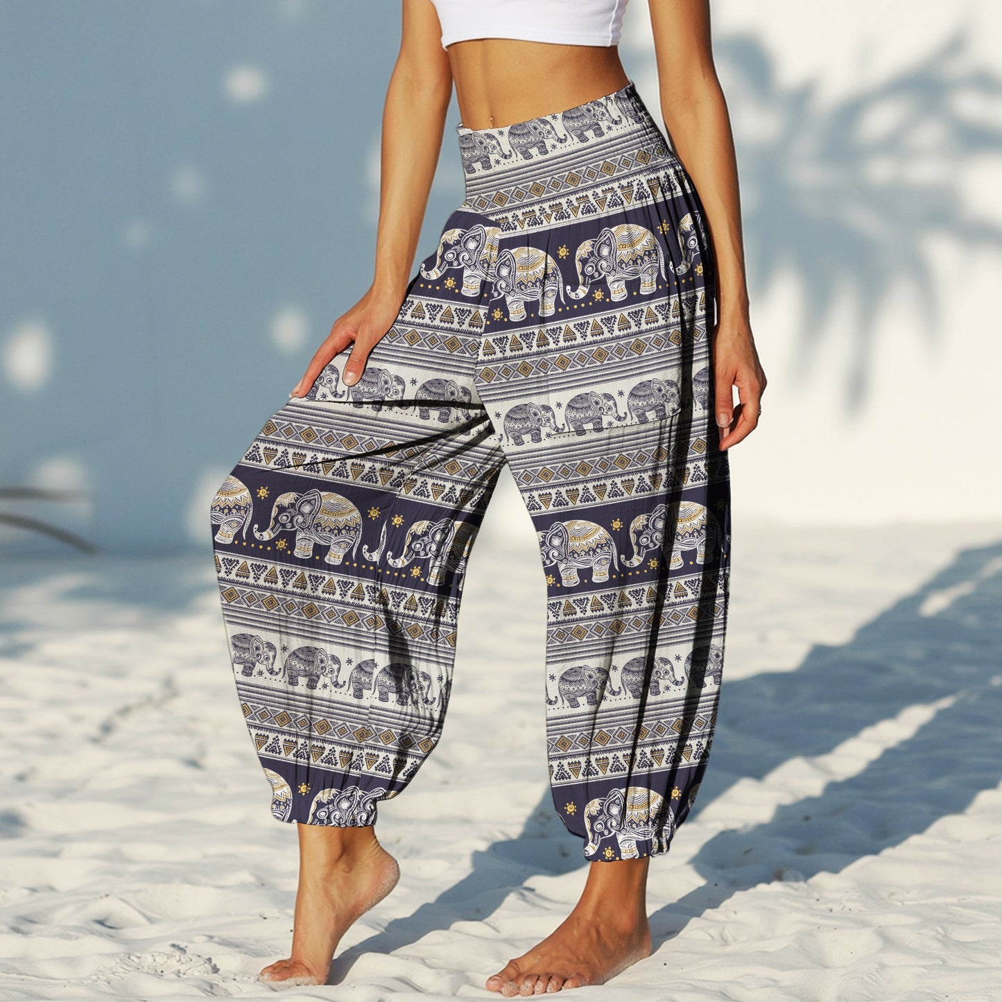 Elephant Vibe Harem Pants – Boho Yoga Pants with Pockets 01
