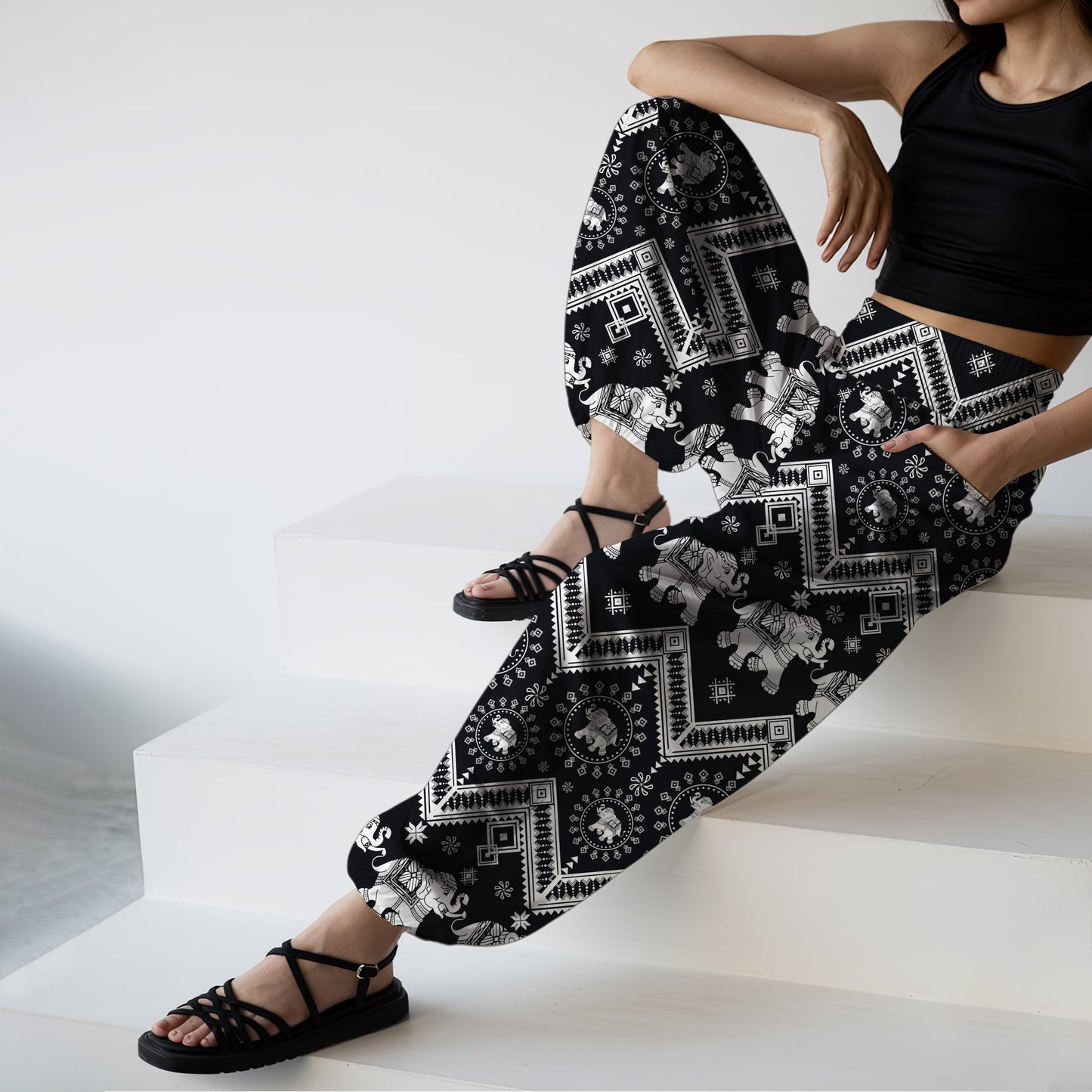 Elephant Vibe Harem Pants – Boho Yoga Pants with Pockets