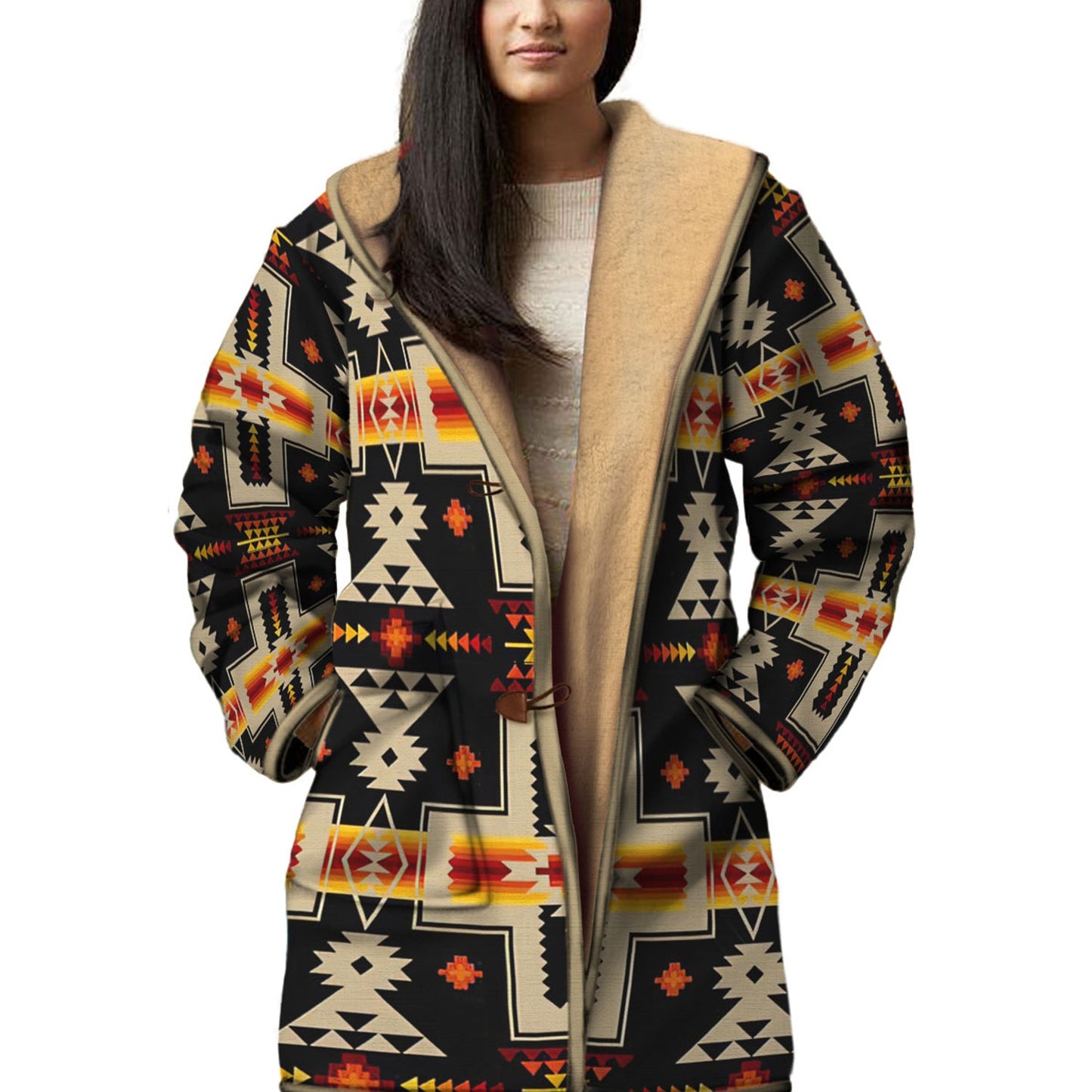 Native American Pattern Horn Button Long Fleece Windbreaker Best Selling