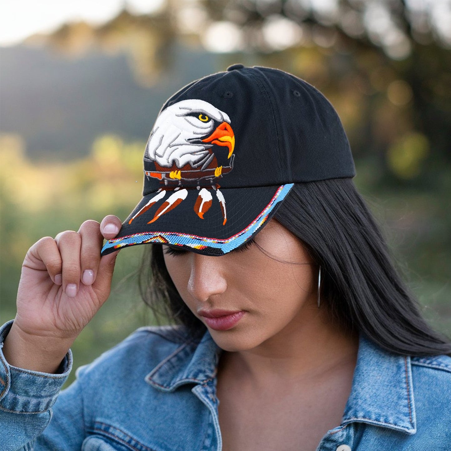 SALE 50% OFF - Eagle With Pipe Embroidered Beaded Baseball Cap With Brim Unisex Native American Style