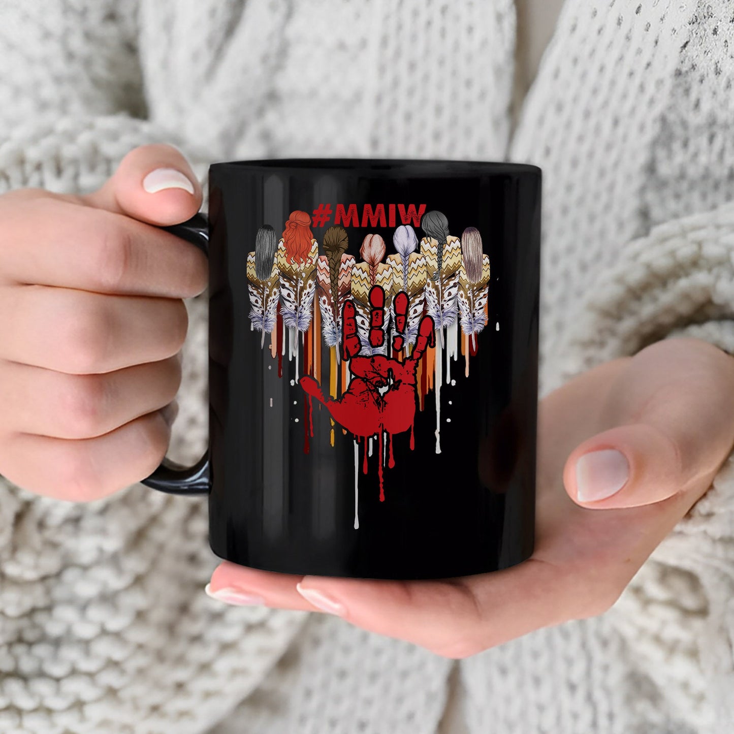 MMIW Women Red Hand Together Feather Heart Ceramic Coffee Mug
