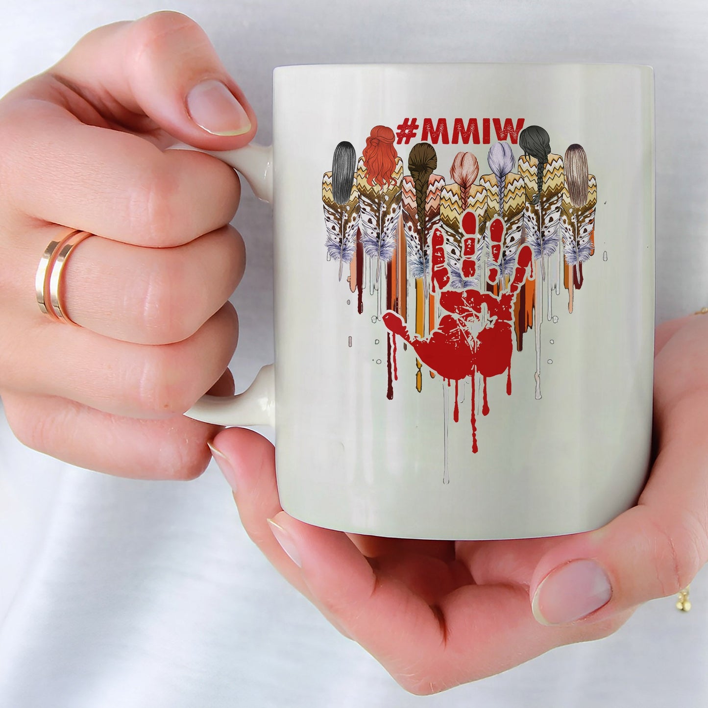 MMIW Women Red Hand Together Feather Heart Ceramic Coffee Mug