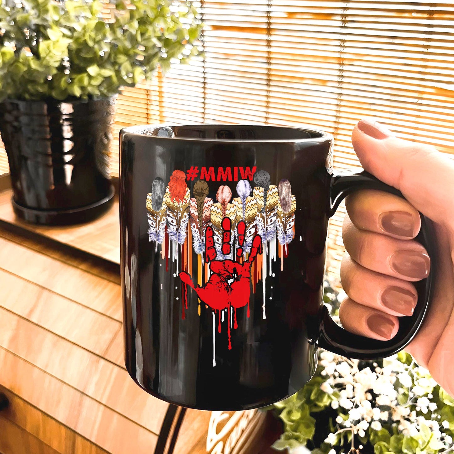 MMIW Women Red Hand Together Feather Heart Ceramic Coffee Mug