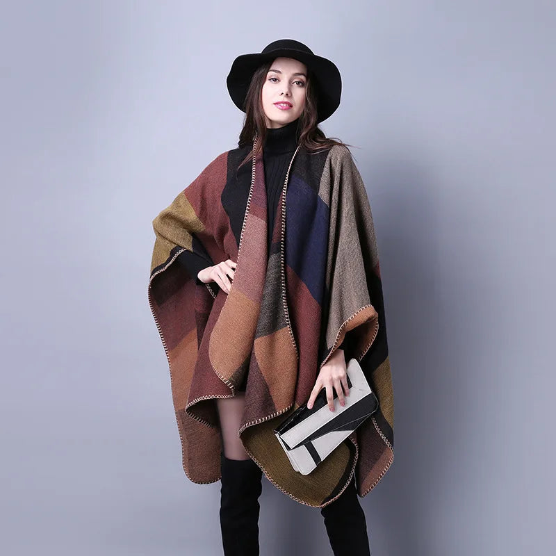 Autumn Winter Lattice Women Travel Shawl Imitation Cashmere European National Style Fork Thickened Cloak Ponchos Capes
