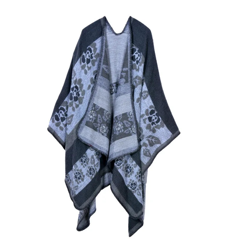 Autumn Winter Lattice Women Travel Shawl Imitation Cashmere European National Style Fork Thickened Cloak Ponchos Capes