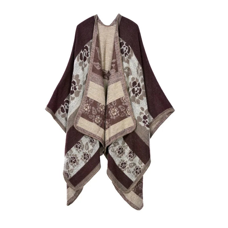 Autumn Winter Lattice Women Travel Shawl Imitation Cashmere European National Style Fork Thickened Cloak Ponchos Capes