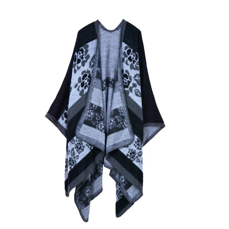 Autumn Winter Lattice Women Travel Shawl Imitation Cashmere European National Style Fork Thickened Cloak Ponchos Capes