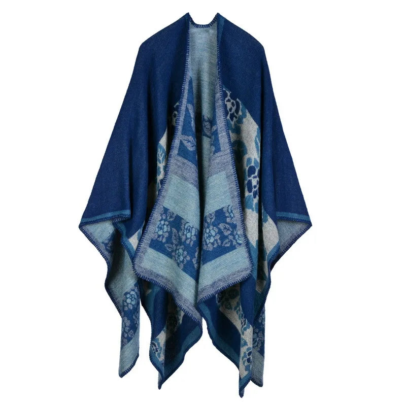 Autumn Winter Lattice Women Travel Shawl Imitation Cashmere European National Style Fork Thickened Cloak Ponchos Capes