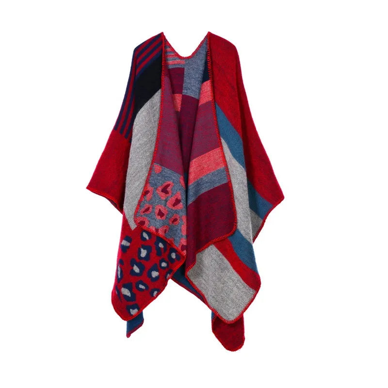 Autumn Winter Lattice Women Travel Shawl Imitation Cashmere European National Style Fork Thickened Cloak Ponchos Capes
