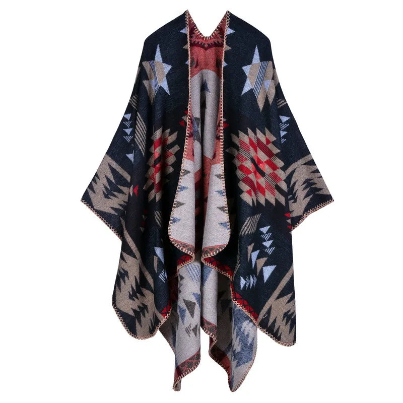 Autumn Winter Lattice Women Travel Shawl Imitation Cashmere European National Style Fork Thickened Cloak Ponchos Capes