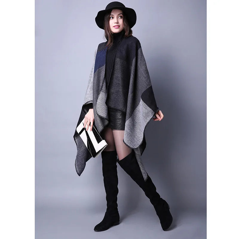 Autumn Winter Lattice Women Travel Shawl Imitation Cashmere European National Style Fork Thickened Cloak Ponchos Capes