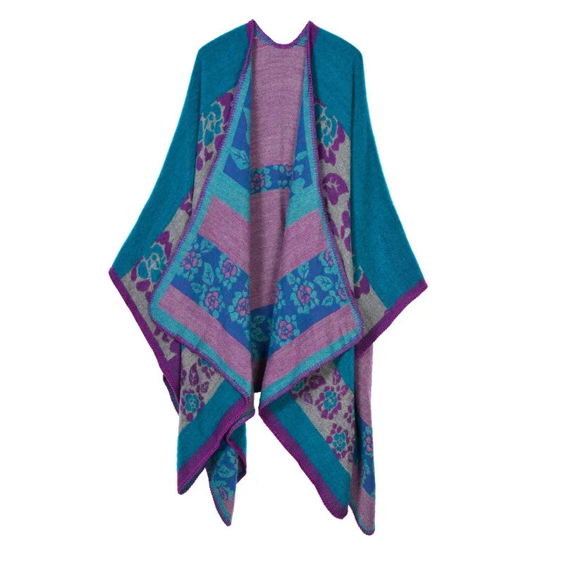 Autumn Winter Lattice Women Travel Shawl Imitation Cashmere European National Style Fork Thickened Cloak Ponchos Capes