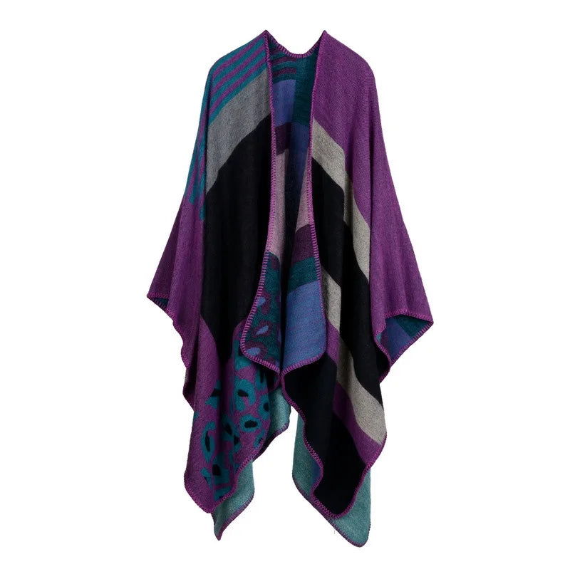 Autumn Winter Lattice Women Travel Shawl Imitation Cashmere European National Style Fork Thickened Cloak Ponchos Capes