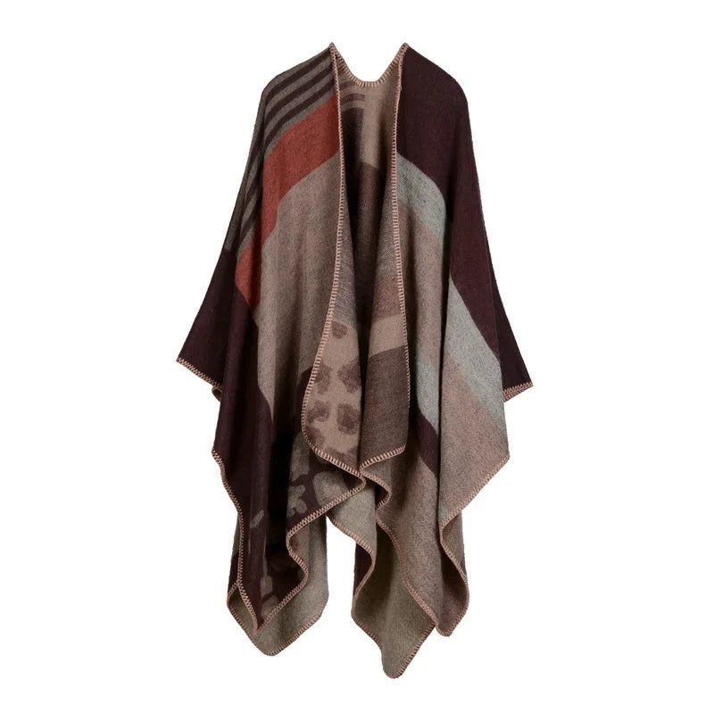 Autumn Winter Lattice Women Travel Shawl Imitation Cashmere European National Style Fork Thickened Cloak Ponchos Capes