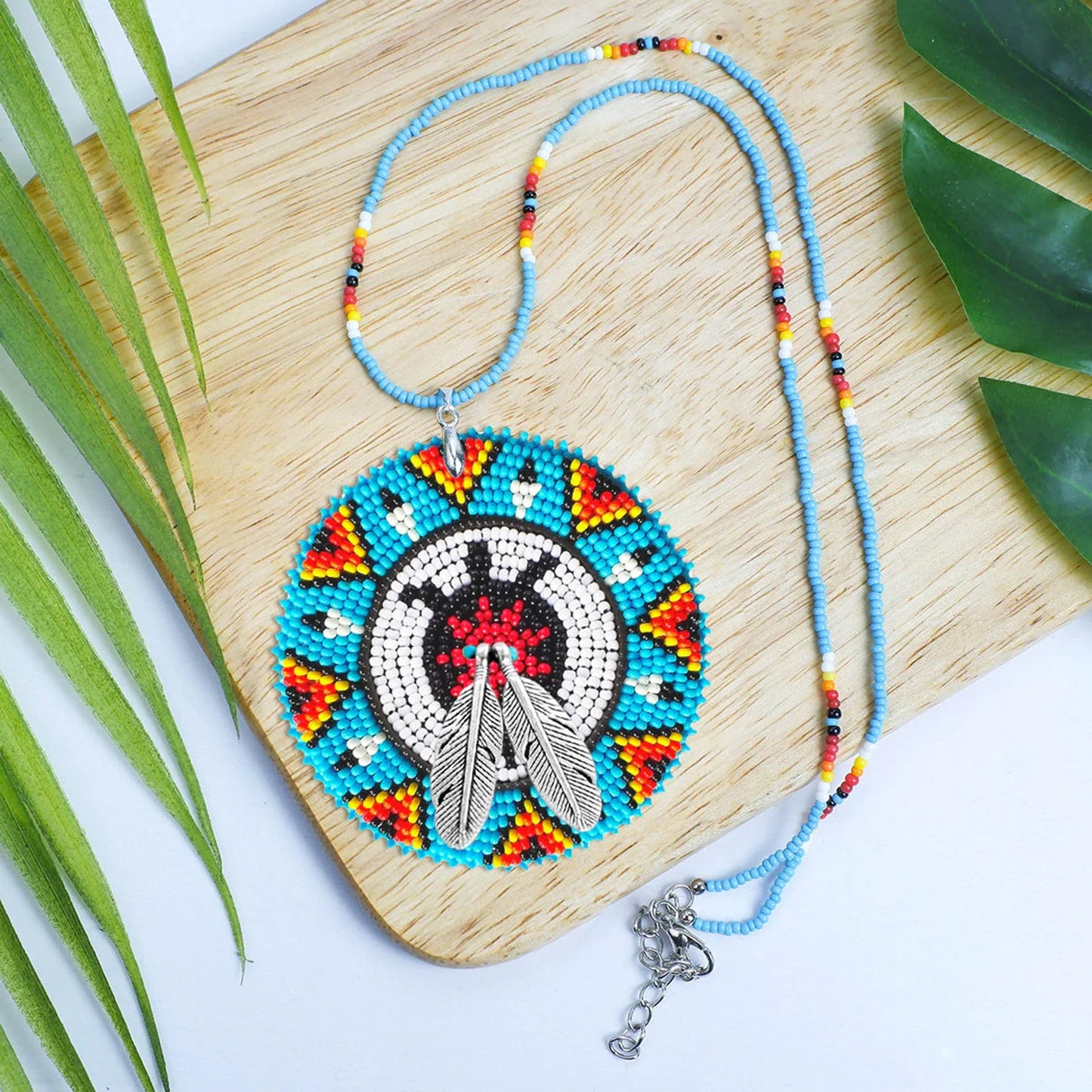 SALE 30% OFF - Blue Turtle Pattern Handmade Beaded Patch Necklace Pendant