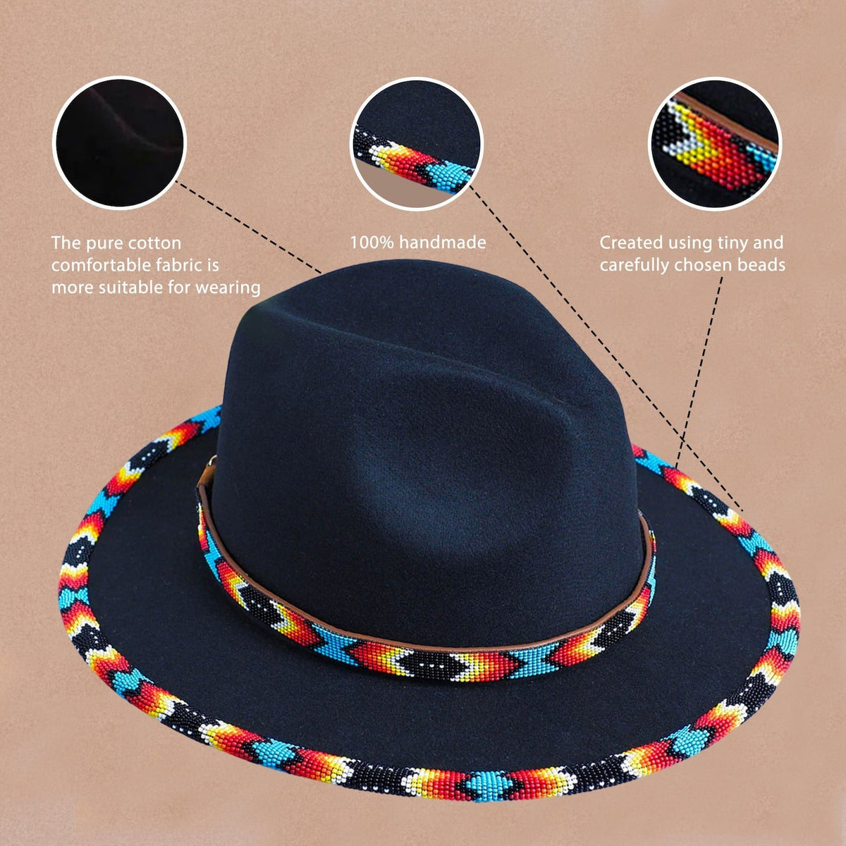 Black Dusk Pattern Fedora Hatband for Men Women Beaded Brim with Native American Style
