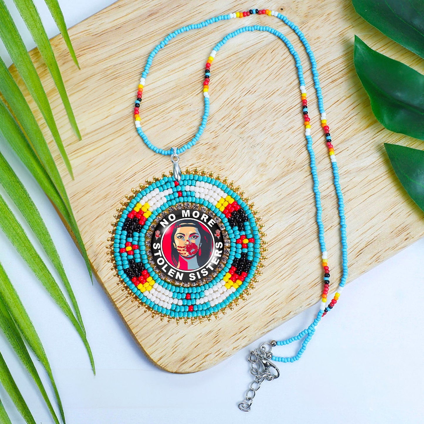 SALE 30% OFF - No More Stolen Sister Feathers Handmade Glass Beaded Patch Necklace Pendant