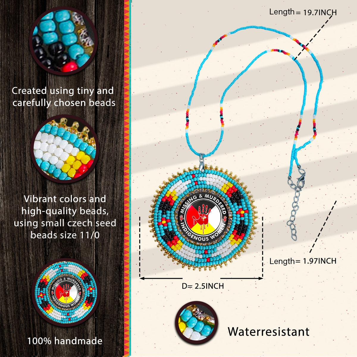 MMIW Feathers Handmade Glass Beaded Patch Necklace Pendant