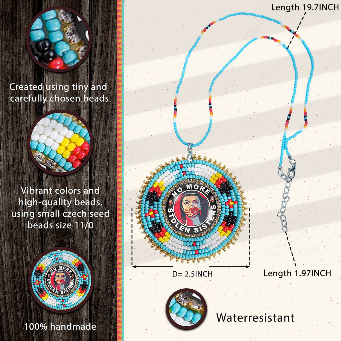 No More Stolen Sister Feathers  Handmade Glass Beaded Patch Necklace Pendant