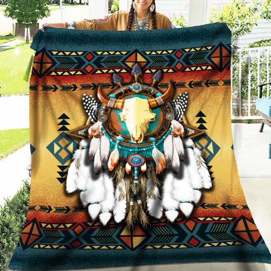 Native American Style Bull Patterns Soft and Warm Fleece Blanket