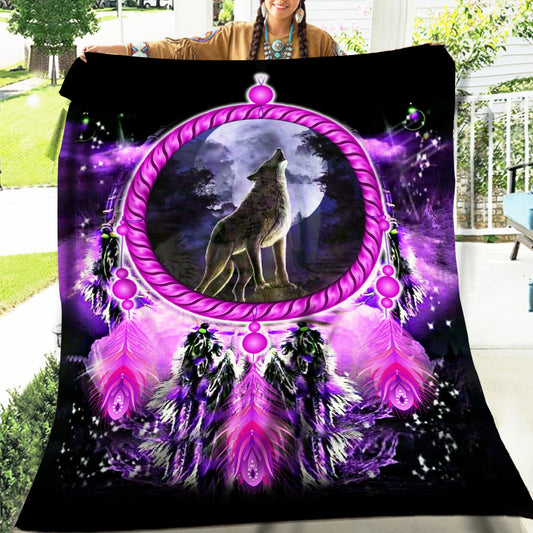 Native American Style Purple Wolf Dream Soft And Warm Fleece Blanket