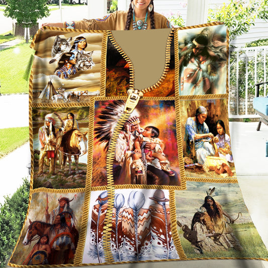 Native American Style Indigenous Family Soft and Warm Fleece Blanket