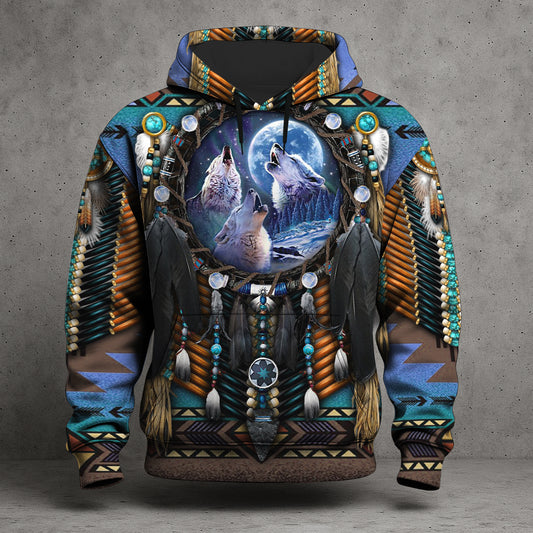 Native American Wolf Moon 3D Hoodie – Tribal Dreamcatcher Spirit Design