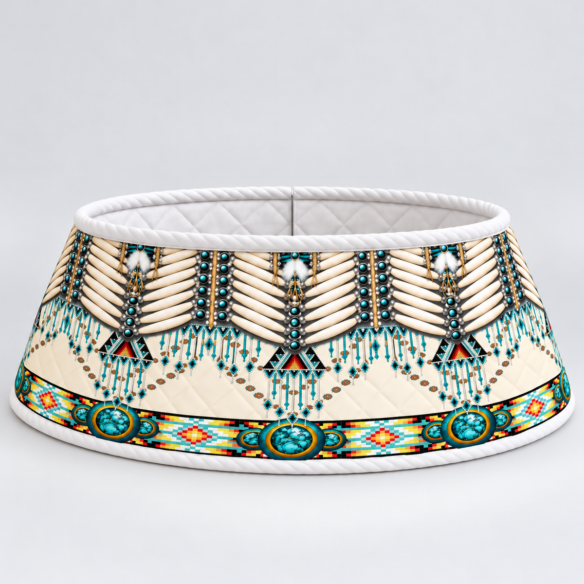 Quilted Christmas Tree Collar - Native American Turquoise Beadwork Tribal Pattern Dreamcatcher Feather Fringe Southwestern Boho Christmas Decor