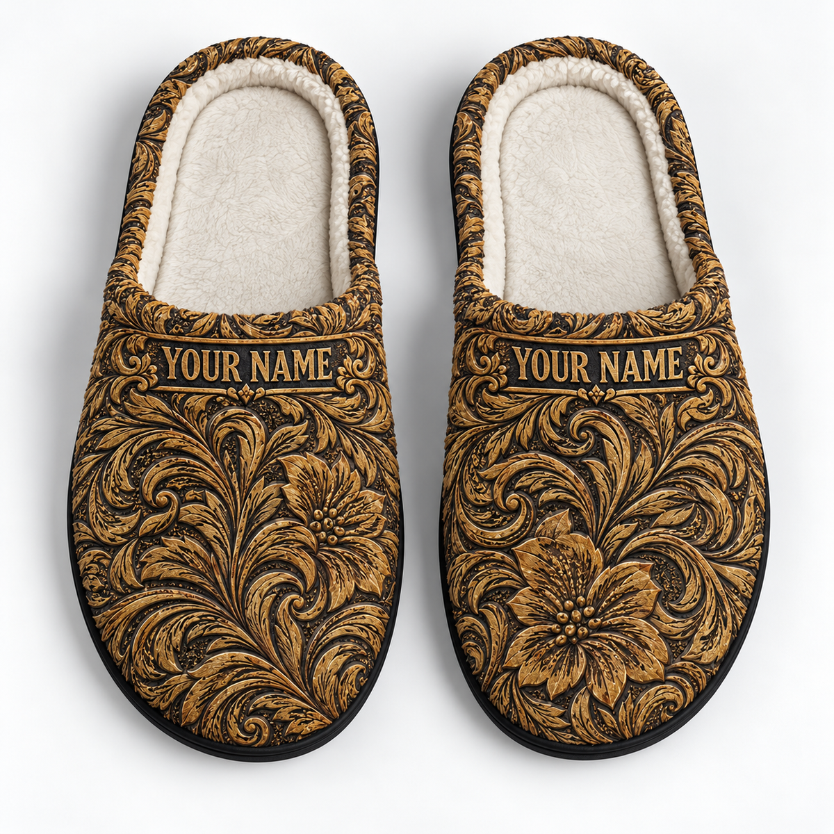 Personalized Slippers Gift - Gothic Baroque Floral Ornate Gold Black Vintage Luxury Cozy House Slippers