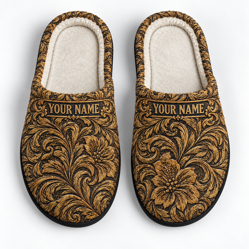 Personalized Slippers Gift - Gothic Baroque Floral Ornate Gold Black Vintage Luxury Cozy House Slippers